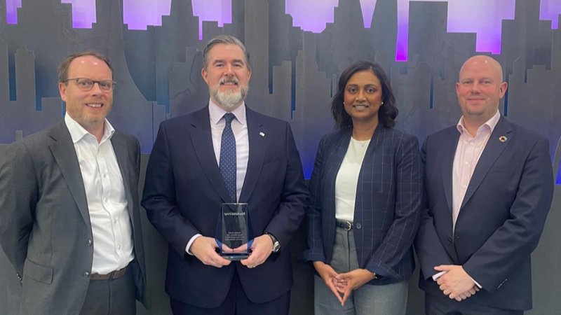 Aaron Bennett, CIO of University Pension Plan Ontario, with the University Pension Plan team following the 2026 Markets Group Strategy Award presentation at the Canada East Institutional Forum in Toronto.
